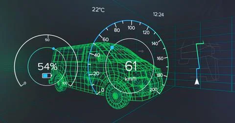 Image of speedometer, gps and charge status data on vehicle interface, over 3d Stock Illustration
