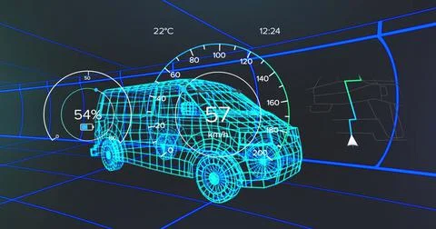 Image of speedometer, gps and charge status data on vehicle interface, over 3d Stock Illustration