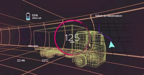Image of speedometer, gps and charge status data on vehicle interface, over 3d Stock Illustration