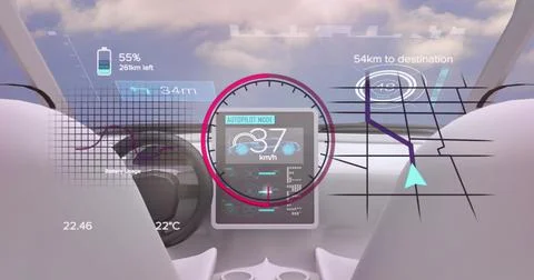 Image of speedometer, gps and status data interface, over self driving car Stock Illustration