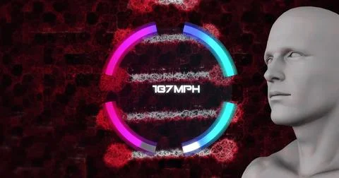 Image of speedometer interface changing speed over dna strand and male avatar イラスト素材