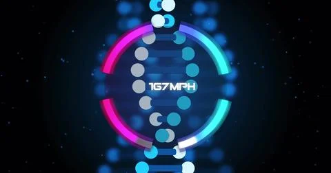 Image of speedometer interface with increasing speed over dna strand on black Stock Illustration