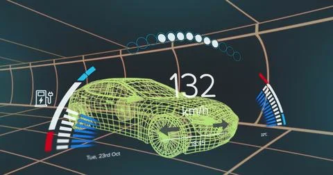 Image of speedometer interface over 3d car model moving in seamless pattern in a Stock Illustration