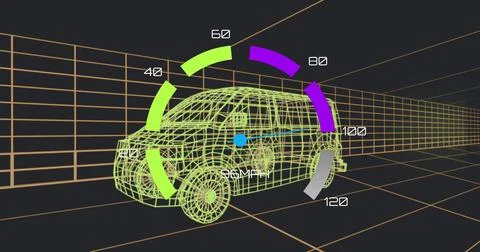 Image of speedometer interface over 3d van model moving in seamless pattern.. 스톡 사진
