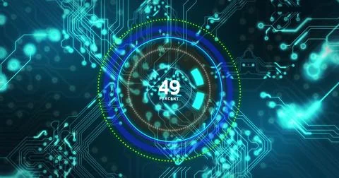Image of speedometer numbers and data processing over circuit board on black イラスト素材