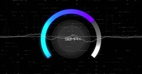 Image of speedometer numbers and data processing over black background Stock Photos
