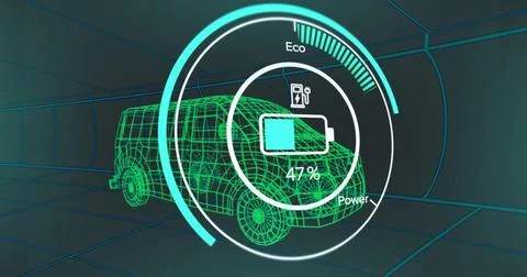 Image of speedometer over 3d model of a van moving against blue background Foto stock