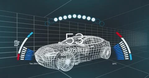 Image of speedometer over 3d model of a car moving against blue background Foto stock