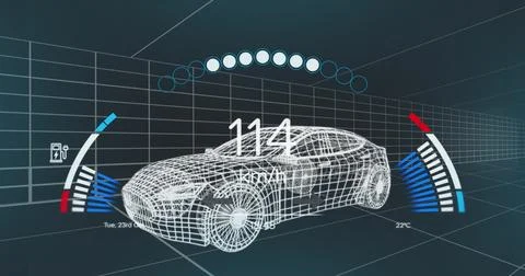 Image of speedometer over 3d model of a car moving against blue background Stockfoto's