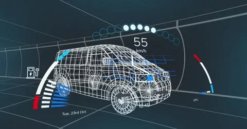 Image of speedometer over 3d model of a van moving against blue background Foto stock