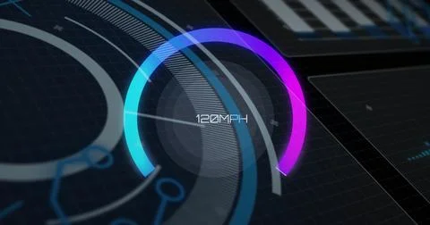 Image of speedometer over data processing on black background イラスト素材