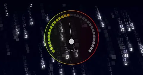 Image of speedometer over data processing on black background Stock Photos