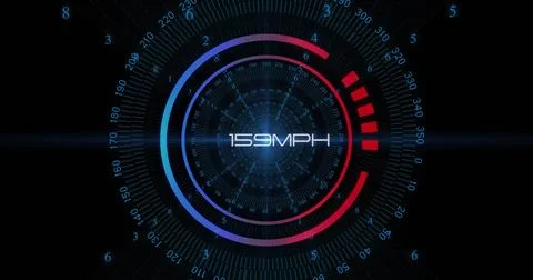 Image of speedometer over data processing on black background 스톡 사진