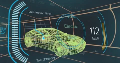 Image of speedometer over electric car project on navy background Ilustração Stock