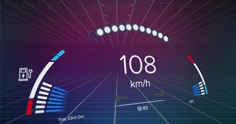Image of speedometer over grid network against purple gradient background Stock Photos