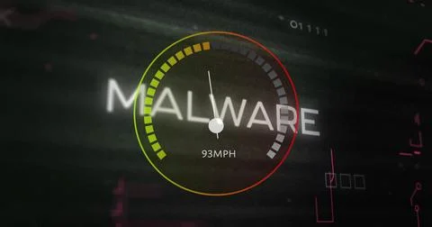 Image of speedometer over malware text and data processing Stock Photos