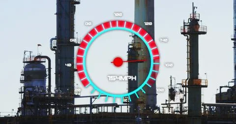 Image of speedometer over refinery 스톡 사진
