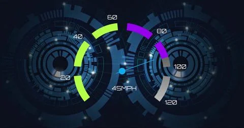 Image of speedometer over scopes scanning Stock Illustration
