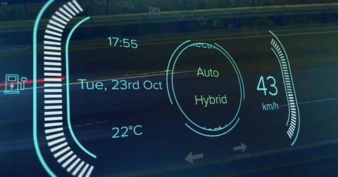Image of speedometer, power type, charge and status data on hybrid vehicle Illustrazione stock