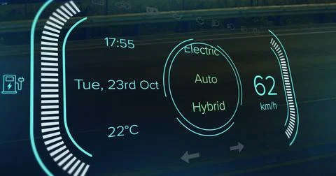 Image of speedometer, power type, charge and status data on hybrid vehicle Stockillustratie
