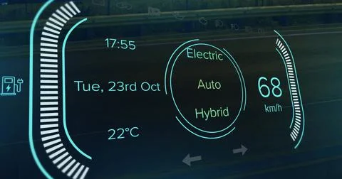 Image of speedometer, power type, charge and status data on hybrid vehicle 库存插图