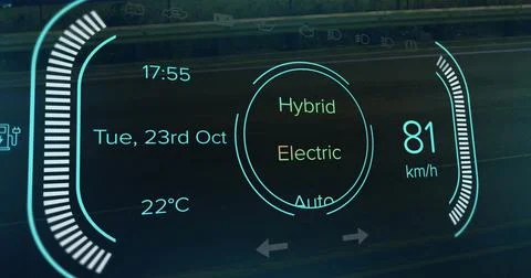 Image of speedometer, power type, charge and status data on hybrid vehicle Stock Illustration