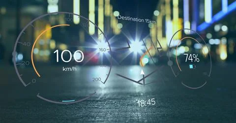 Image of speedometers, changing numbers and navigation pattern over blurred Stock Photos