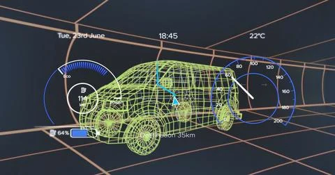 Image of speedometers, loading battery icon over 3d model of van against bl.. Stock Photos