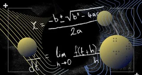 Image of spheres and math formulas on black background Stock Photos