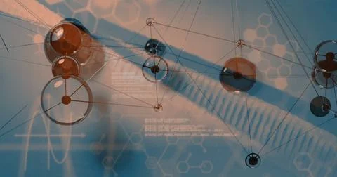 Image of spheres over data processing and dna strand 스톡 사진