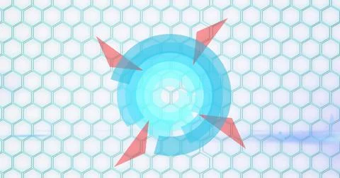 Image of spinning blue and pink shapes over a grid Stock Illustration