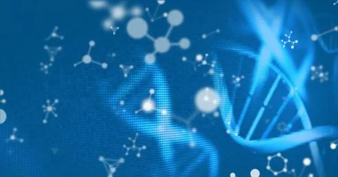 Image of spinning dna and molecular structures against blue background Stock Illustration