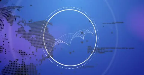 Image of spinning dna structure, spinning globe and data processing against blue Stock Photos