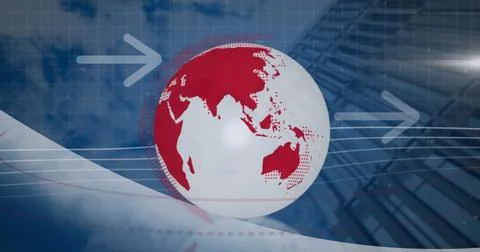 Image of spinning globe and arrow icons against low angle view of tall building Stock Photos