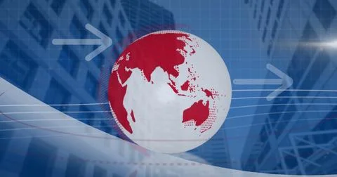 Image of spinning globe and arrow icons against low angle view of tall buildings Stock Photos