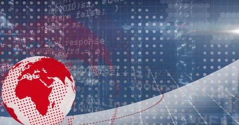 Image of spinning globe and data processing over grid network against blue Stock Illustration