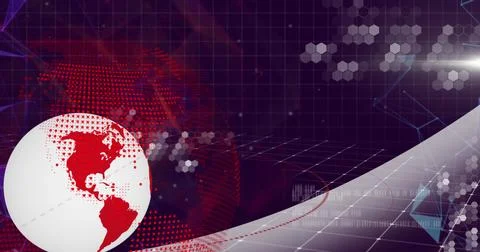 Image of spinning globe and data processing over grid network and light spot on Stock Illustration