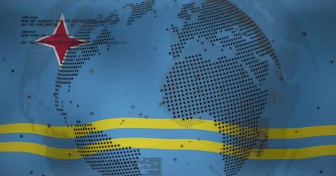 Image of spinning globe and data processing against waving aruba flag background Stock Photos