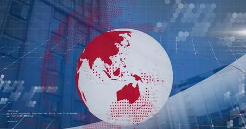 Image of spinning globe and data processing against tall building Stock Photos