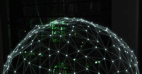 Image of spinning globe and digital data processing over computer servers Illustrazione stock