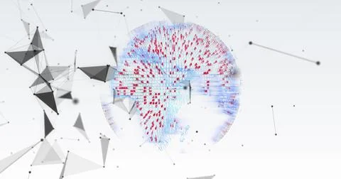 Image of spinning globe and plexus networks against grey gradient background Stock Photos