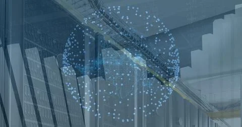 Image of spinning globe and statistical data processing against computer server Foto stock
