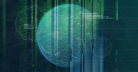 Image of spinning globe and statistical data processing against computer server Stock Photos
