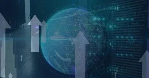 Image of spinning globe, data processing and arrow icons moving upwards against 스톡 사진