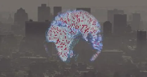 Image of spinning globe icon against aerial view of cityscape Ilustración de archivo
