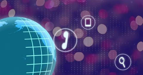 Image of spinning globe over media icons and light spots Stock Illustration