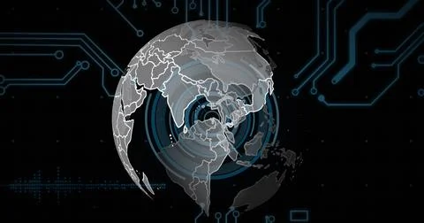 Image of spinning globe over round scanner, microprocessor connections and data 스톡 사진