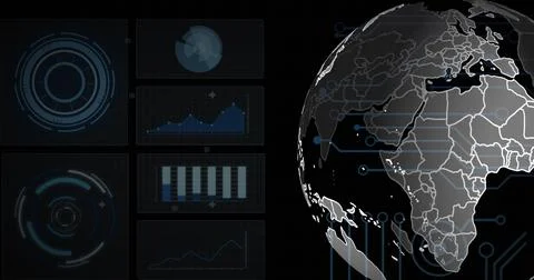 Image of spinning globe over round scanners, microprocessor connections and data Stockfoto's