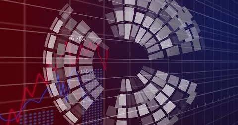 Image of spinning globe over statistical data processing against gradient Stock Photos