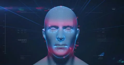 Image of spinning model of human head and data processing on interface Ilustração Stock